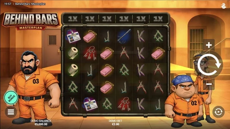 Behind Bars Masterplan - 6×5のリールと垂直係数があるゲーム画面